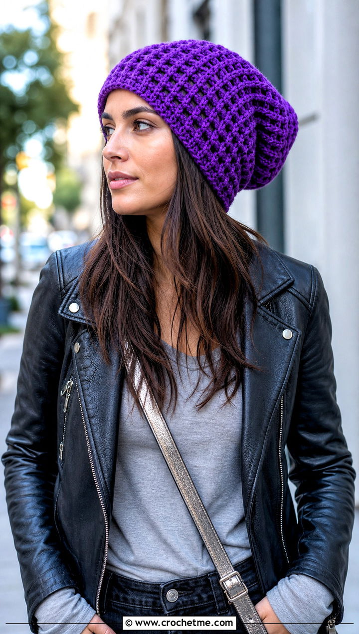 Slouchy Waffle Crochet Beanie With Leather Jacket - 20 waffle crochet beanie outfit ideas