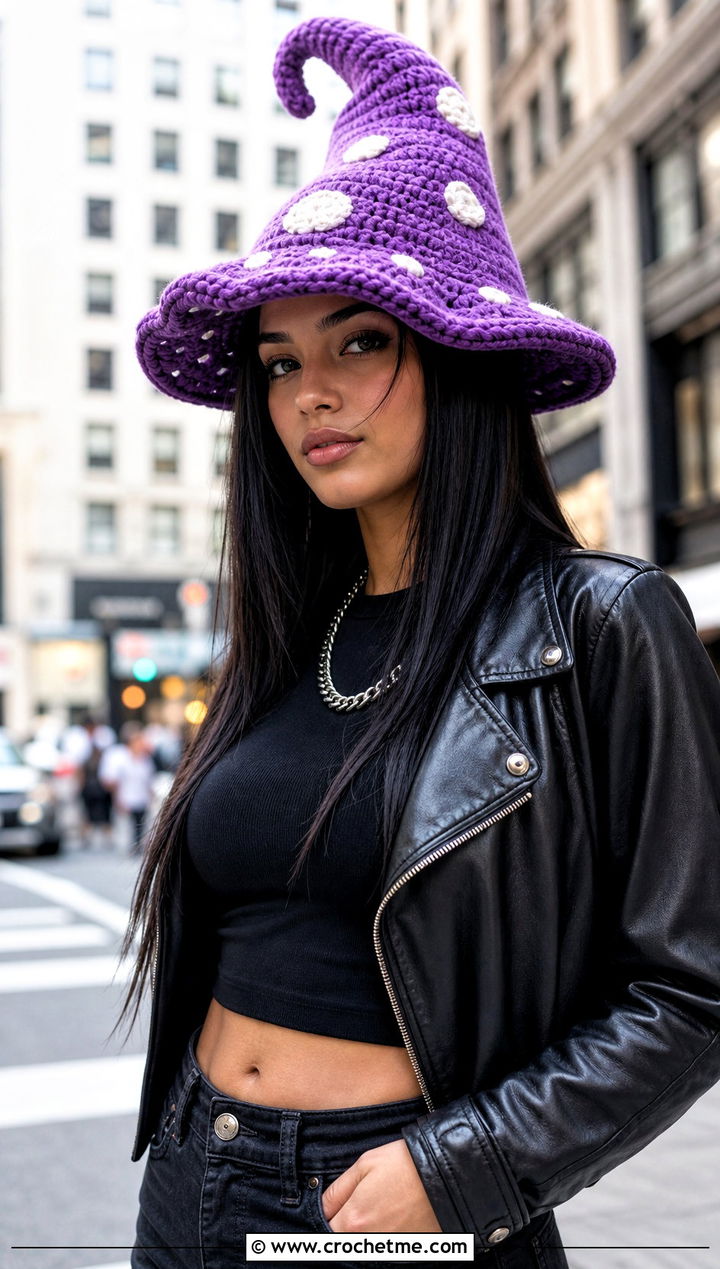 Slouchy Witch Crochet Toadstool Hat With Leather Jacket - 15 Crochet Toadstool Hat outfit ideas