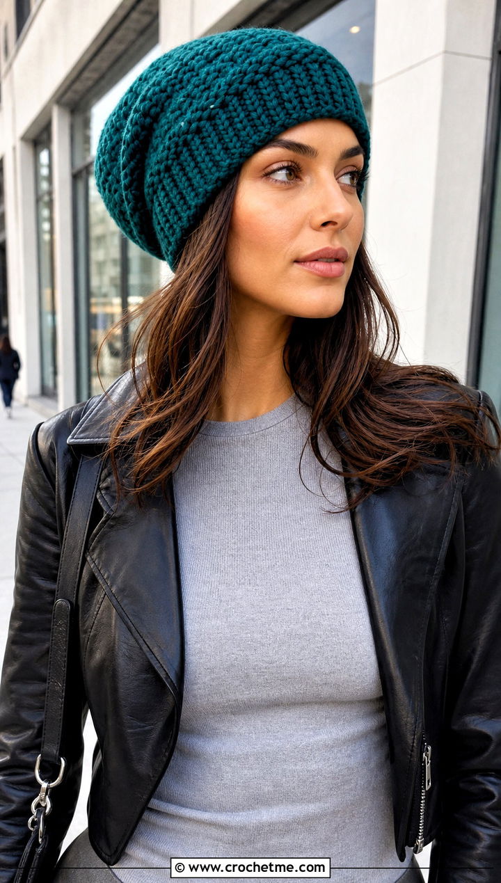 Slouchy Wool Ease Crochet Beanie With Leather Jacket - 25 Wool Ease Crochet Hat outfit ideas