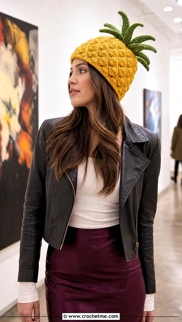 Slouchy Yellow Crochet Pineapple Beanie With A Satin Skirt - 15 Yellow Crochet Pineapple Hat outfit ideas