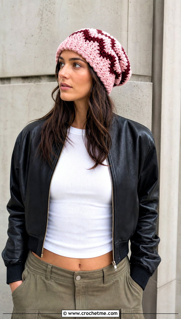 Slouchy Zig Zag Crochet Hat With Leather Jacket And Cargo Pants - 15 Zig Zag Crochet Hat outfit ideas