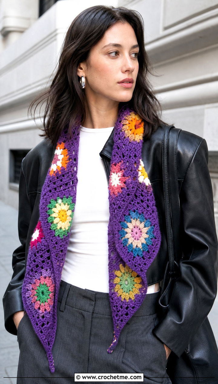 Slow Sunday Geometric Shawl With Leather Jacket And Trousers - 15 sophie digard crochet shawl outfit ideas