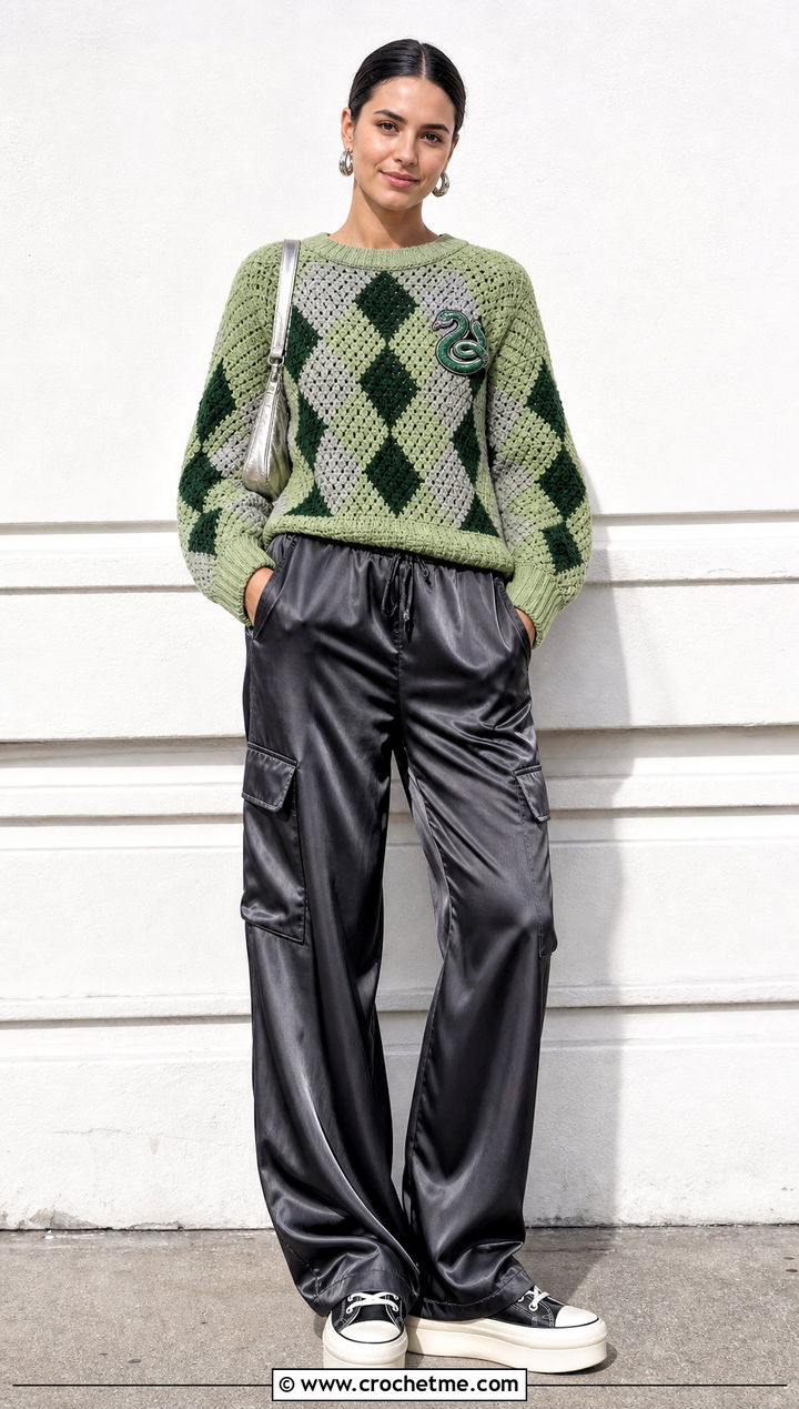 Slytherin Argyle Crochet Sweater With Satin Cargo Pants - 35 crochet harry potter sweater outfit ideas