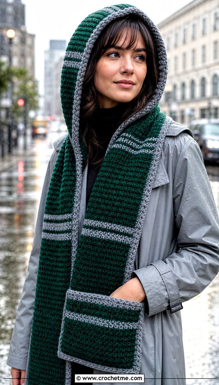 Slytherin Hooded Pocket Crochet Hogwarts Scarf With Raincoat - 30 crochet hogwarts scarf outfit ideas