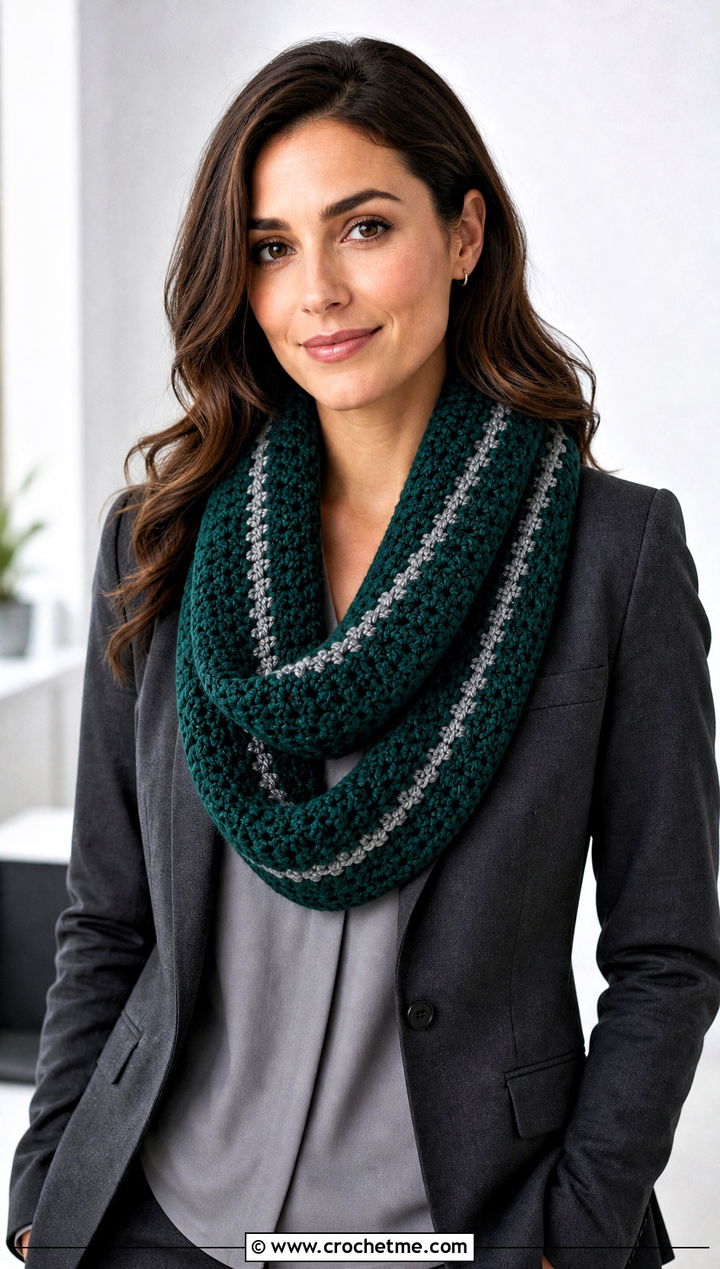 Slytherin Infinity Crochet Hogwarts Scarf With Tailored Workwear - 30 crochet hogwarts scarf outfit ideas