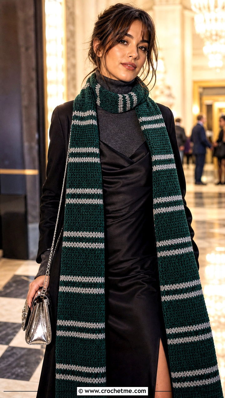 Slytherin Longline Crochet Harry Potter Scarf With Slip Dress - 35 crochet harry potter scarf outfit ideas