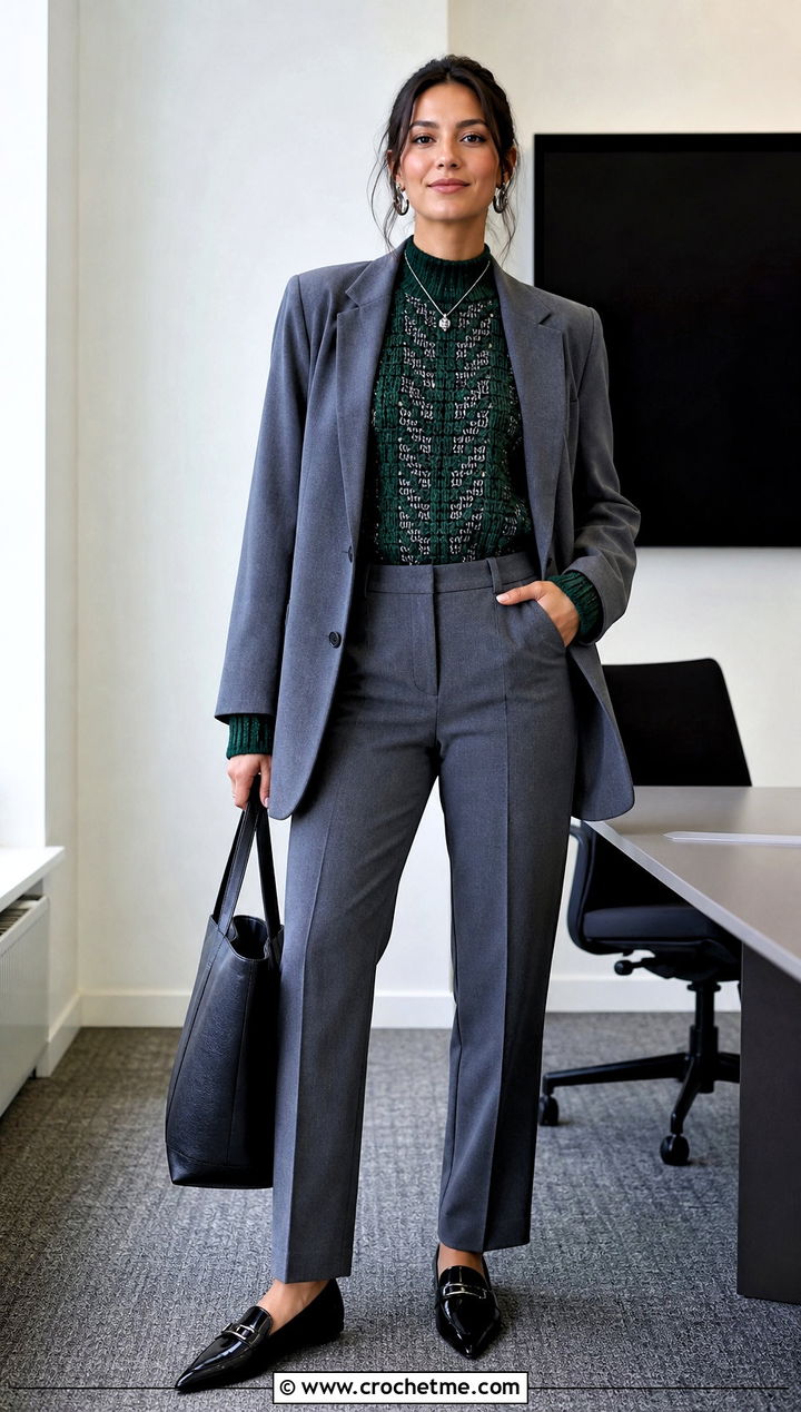 Slytherin Mock Neck Crochet Sweater With Gray Suit - 35 crochet harry potter sweater outfit ideas