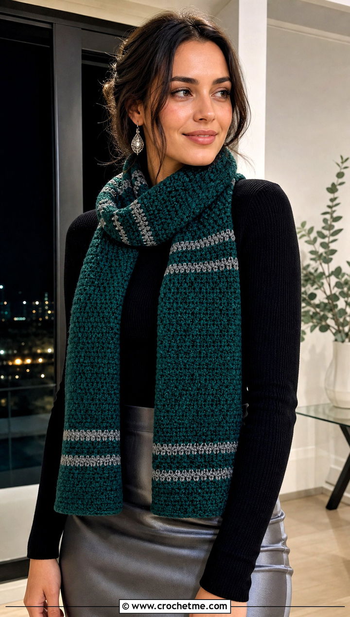 Slytherin Moss Stitch Crochet Hogwarts Scarf With Satin Skirt - 30 crochet hogwarts scarf outfit ideas