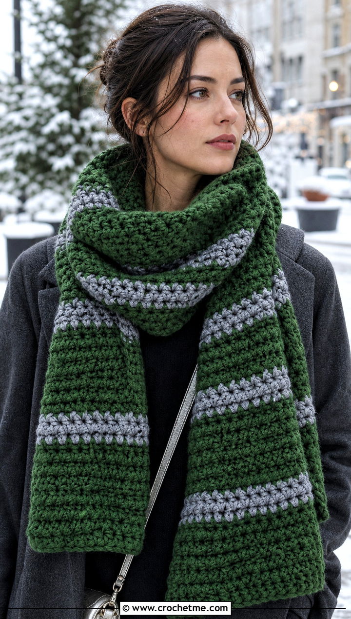 Slytherin Oversized Crochet Harry Potter Scarf With Wool Coat - 35 crochet harry potter scarf outfit ideas