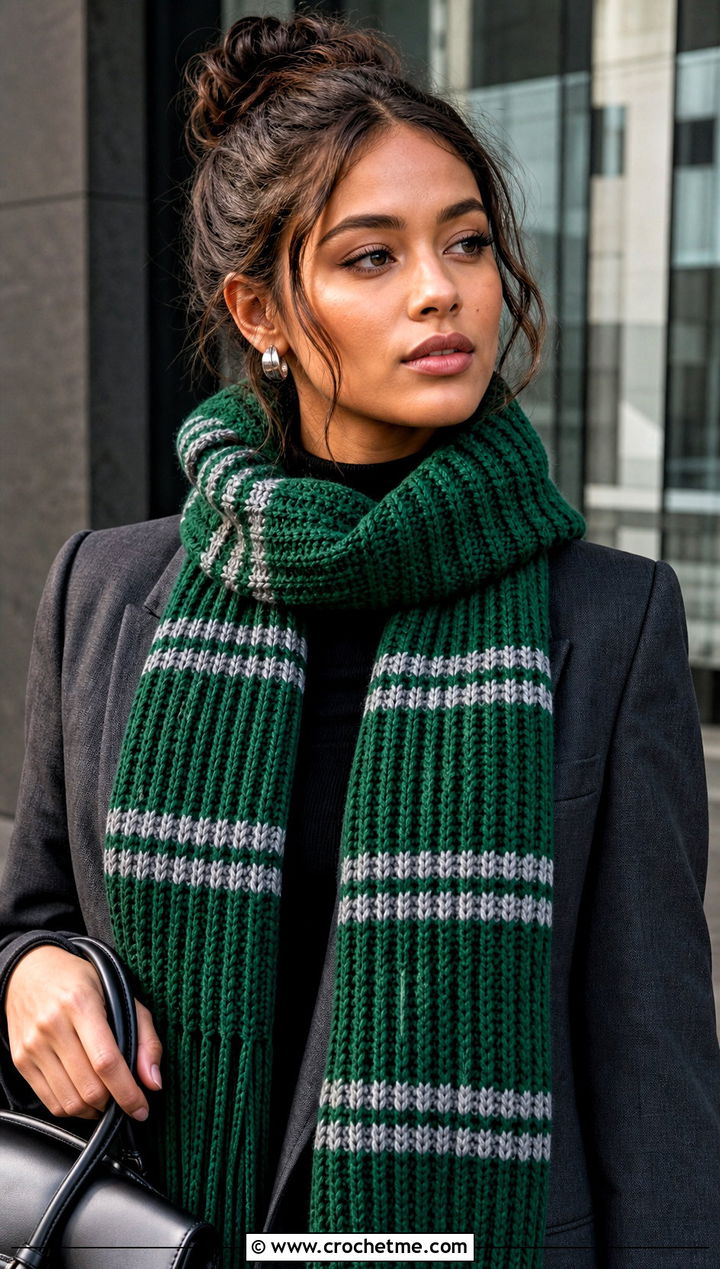 Slytherin Ribbed Crochet Harry Potter Scarf With Tailored Trousers - 35 crochet harry potter scarf outfit ideas