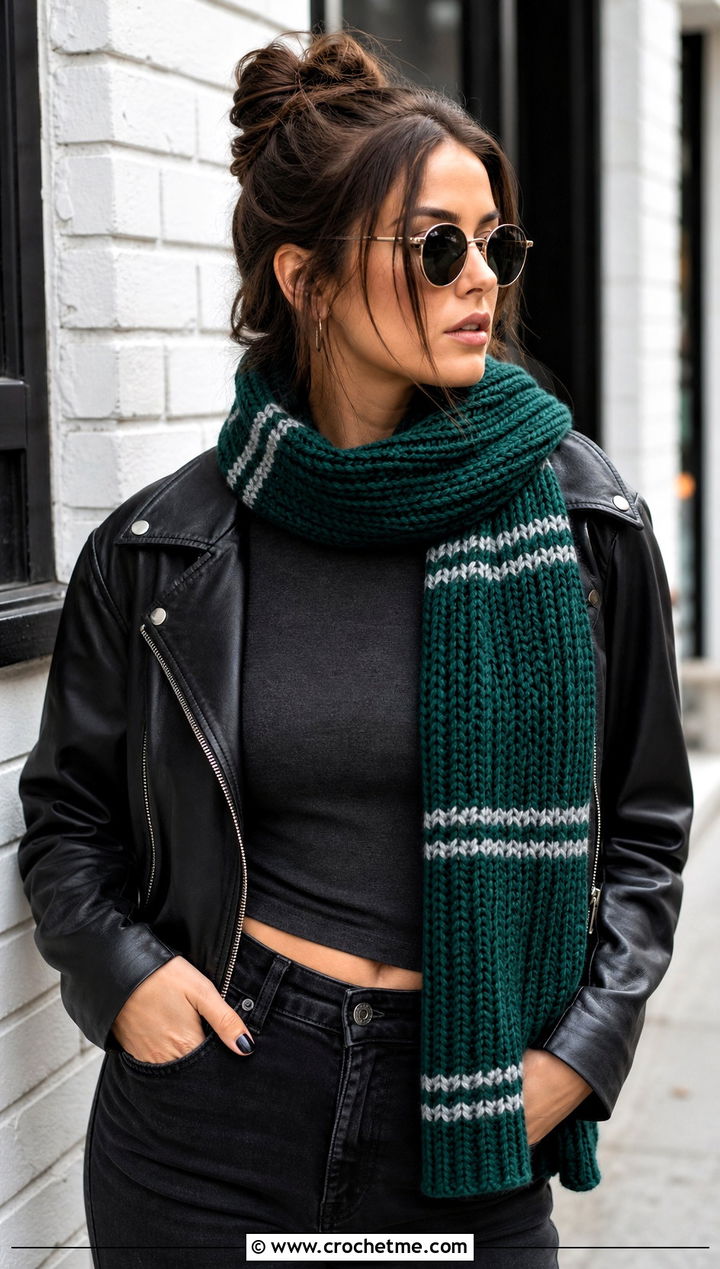 Slytherin Ribbed Crochet Hogwarts Scarf With Leather Jacket - 30 crochet hogwarts scarf outfit ideas
