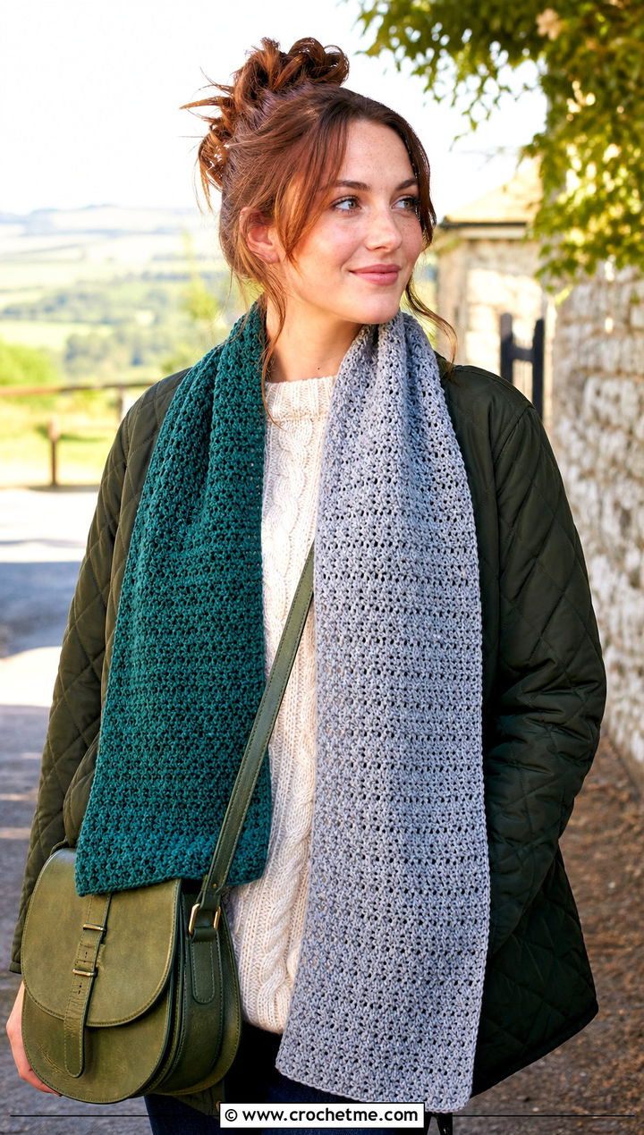 Slytherin Two Tone Crochet Harry Potter Scarf With Quilted Jacket - 35 crochet harry potter scarf outfit ideas