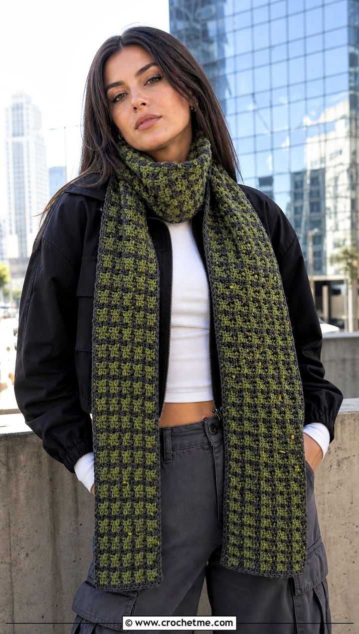 Slytherin Waffle Stitch Crochet Hogwarts Scarf With Cargo Pants - 30 crochet hogwarts scarf outfit ideas
