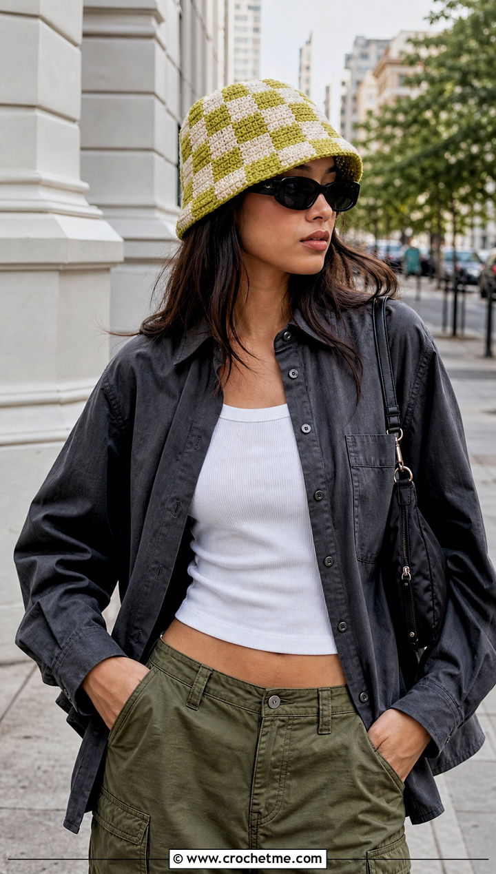 Small Checkerboard Crochet Bucket Hat With Cargo Pants - 15 small crochet bucket hat outfit ideas