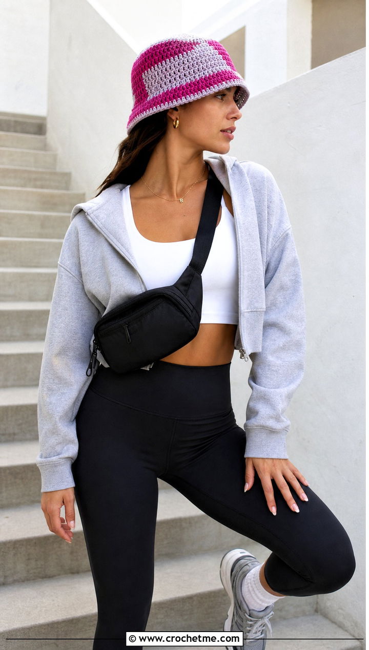 Small Color Block Crochet Bucket Hat With Athleisure - 15 small crochet bucket hat outfit ideas