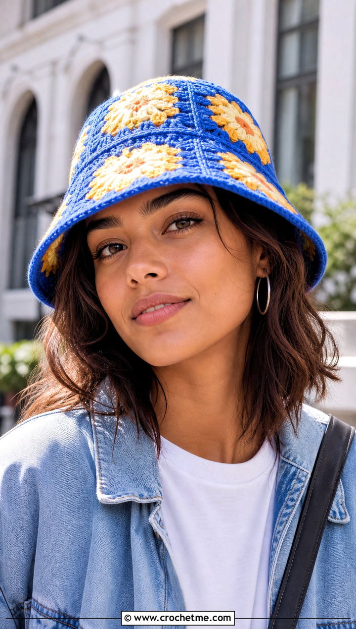 Small Granny Square Crochet Bucket Hat With Jeans - 15 small crochet bucket hat outfit ideas