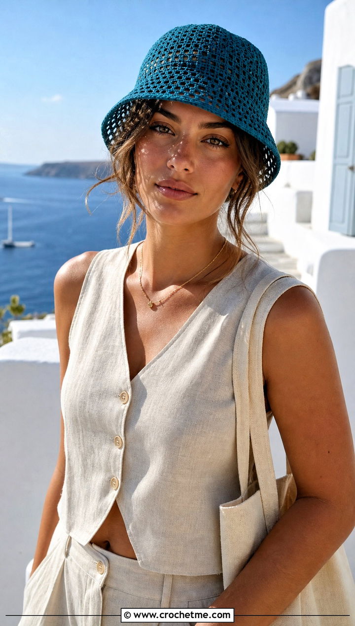 Small Mesh Crochet Bucket Hat With Linen Set - 15 small crochet bucket hat outfit ideas