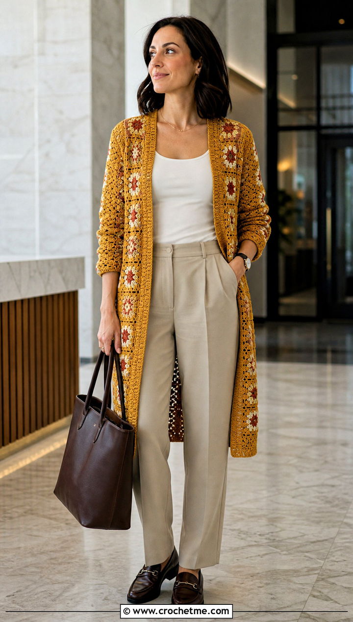 Small Motif Long Granny Square Cardigan With Pleated Trousers - 35 long granny square cardigan outfit ideas