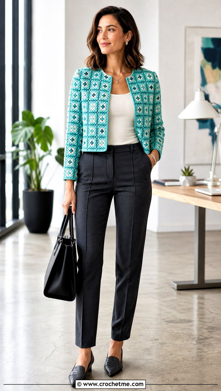 Small Motif Square Jacket With Matching Suit Separates - 30 crochet square jacket outfit ideas
