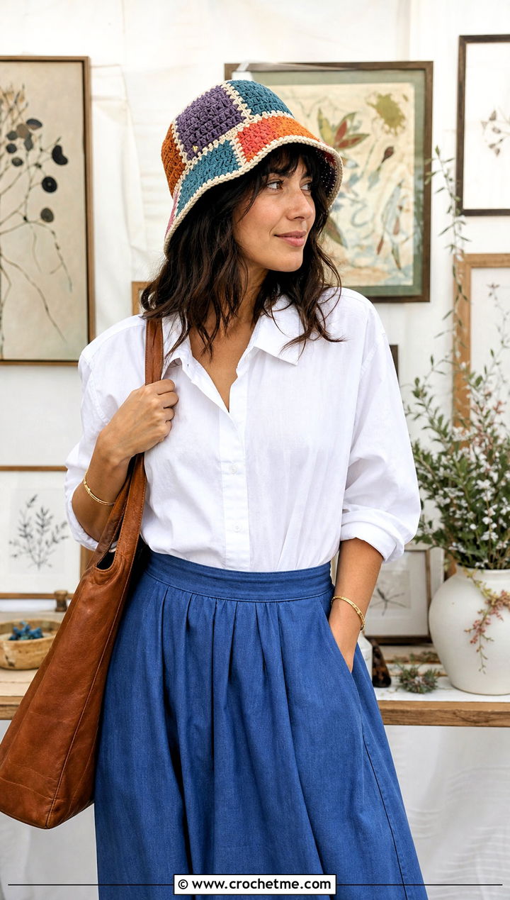 Small Patchwork Crochet Bucket Hat With Maxi Skirt - 15 small crochet bucket hat outfit ideas