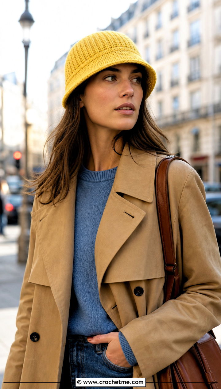 Small Ribbed Crochet Bucket Hat With Trench Coat - 15 small crochet bucket hat outfit ideas