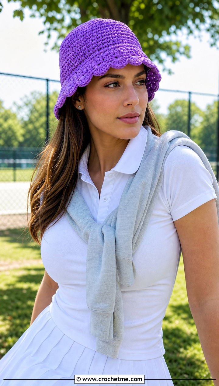 Small Scalloped Crochet Bucket Hat With Tennis Skirt - 15 small crochet bucket hat outfit ideas