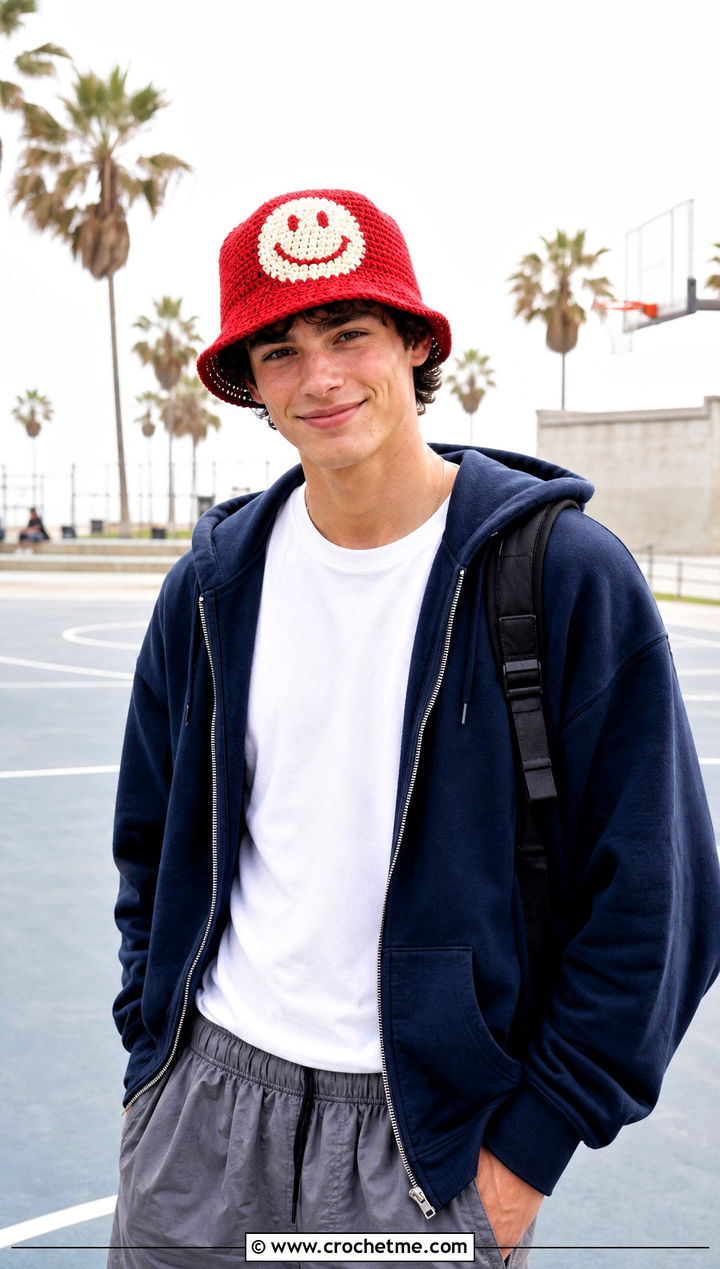 Smiley Applique Crochet Bucket Hat With Hoodie And Shorts - 30 crochet bucket hat men outfit ideas