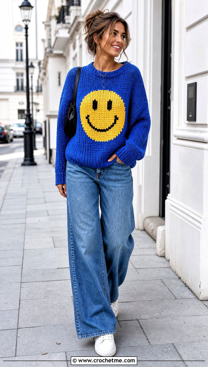Smiley Face Crochet Character Sweater With Wide Leg Jeans - 20 Crochet Character Sweater outfit ideas