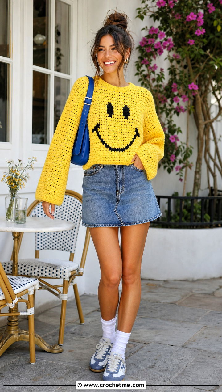 Smiley Face Crochet Graph Sweater With Denim Mini Skirt - 30 crochet graph sweater outfit ideas