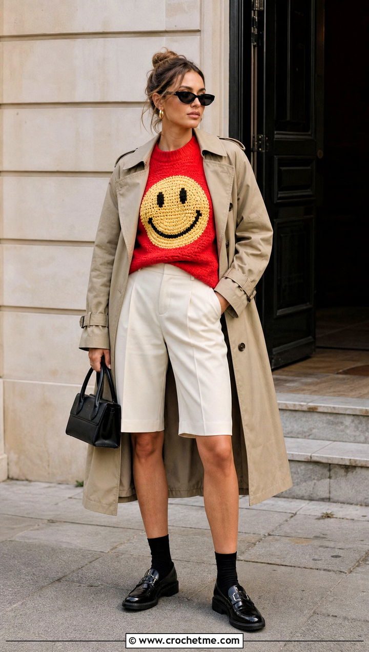 Smiley Face Crochet Graphic Sweater With Bermuda Shorts - 30 crochet graphic sweater outfit ideas