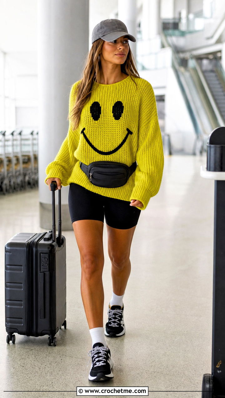 Smiley Face Crochet Mabel Pines Sweater With Biker Shorts - 30 crochet mabel pines sweater outfit ideas