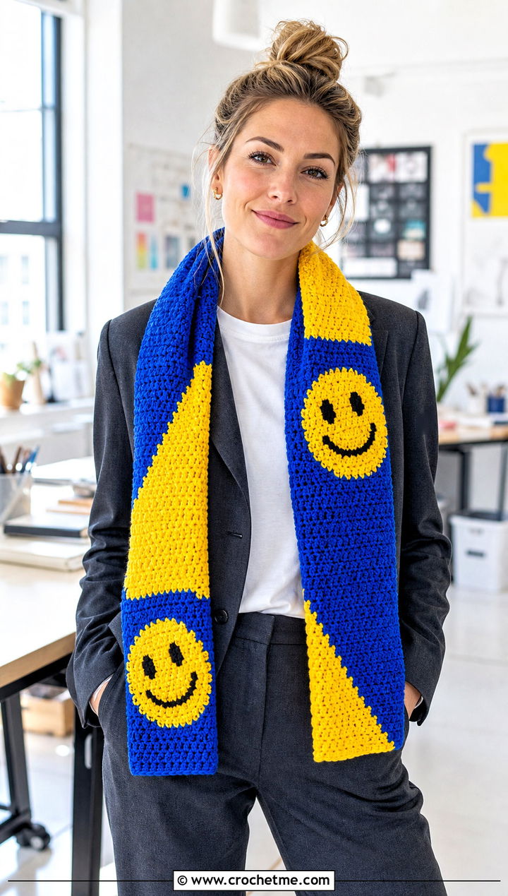 Smiley Face Crochet Scarf With Tailored Suit - 15 Funny Crochet Scarf outfit ideas
