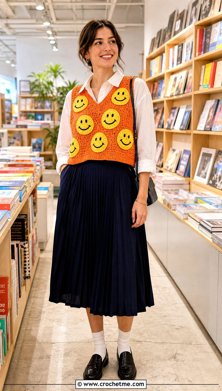 Smiley Face Crochet Vest With Pleated Skirt - 20 Funny Crochet Clothes and outfit ideas