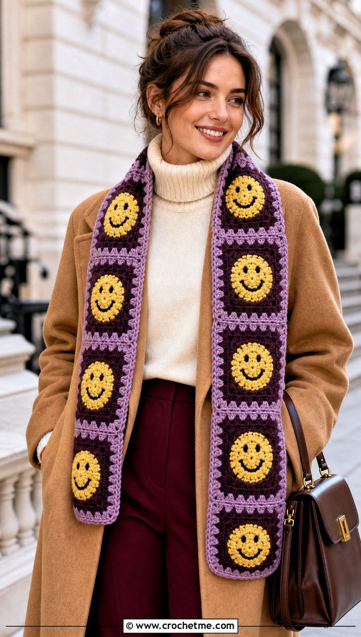 Smiley Granny Square Crochet Scarf With Coat - 15 Funny Crochet Scarves outfit ideas