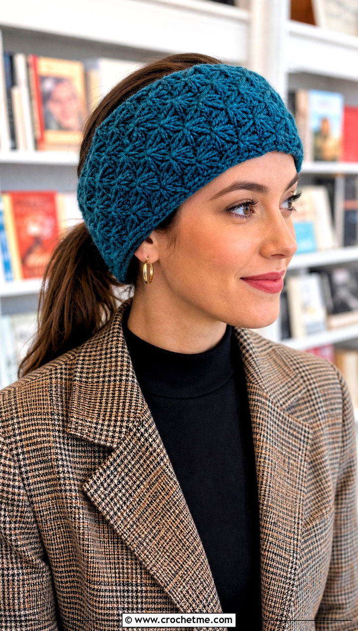 Smock Stitch Tunisian Crochet Ear Warmer With Plaid Blazer - 30 Tunisian Crochet Ear Warmer outfit ideas