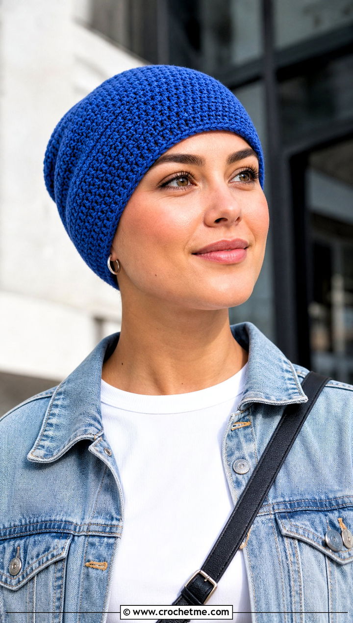 Smooth Stitch Crochet Chemo Beanie With Denim Jacket - 30 crochet chemo hat outfit ideas