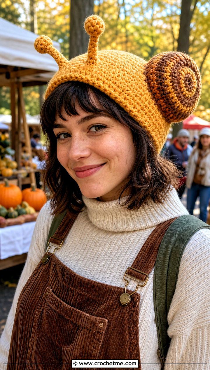 Snail Crochet Hat With A Corduroy Outfit - 30 funny crochet hat outfit ideas