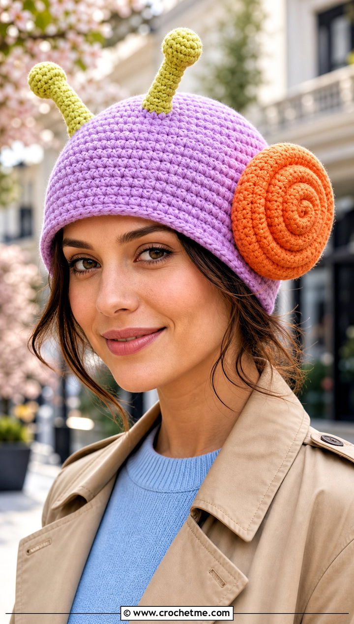 Snail Crochet Hat With Trench Coat - 30 crochet funny hats outfit ideas