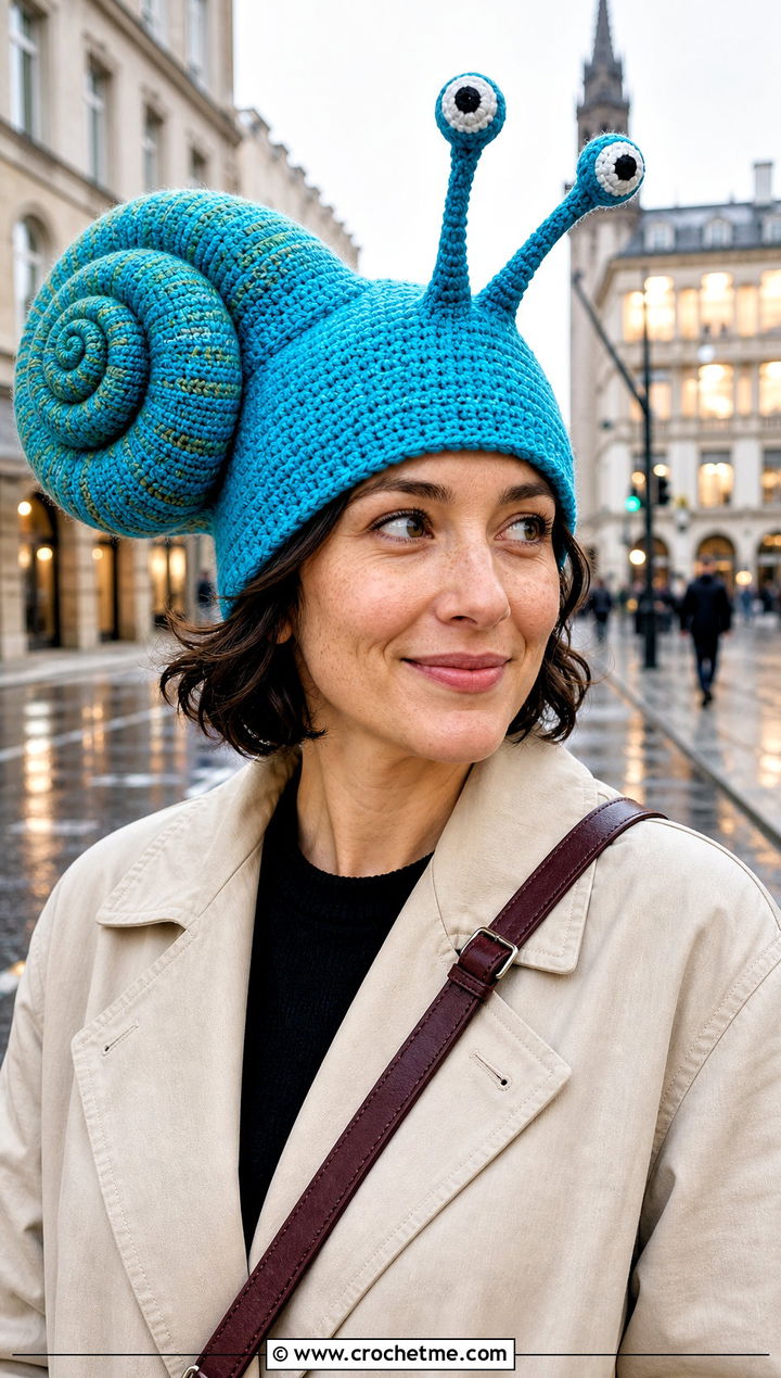 Snail Shell Crochet Hat With Trench Coat - 25 Weird Crochet Hat outfit ideas