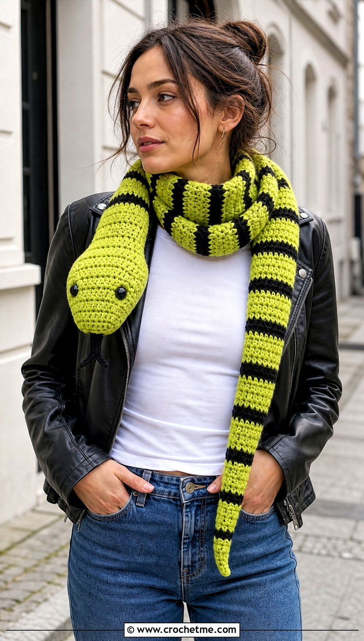 Snake Crochet Scarf With Leather Jacket - 15 Funny Crochet Scarves outfit ideas