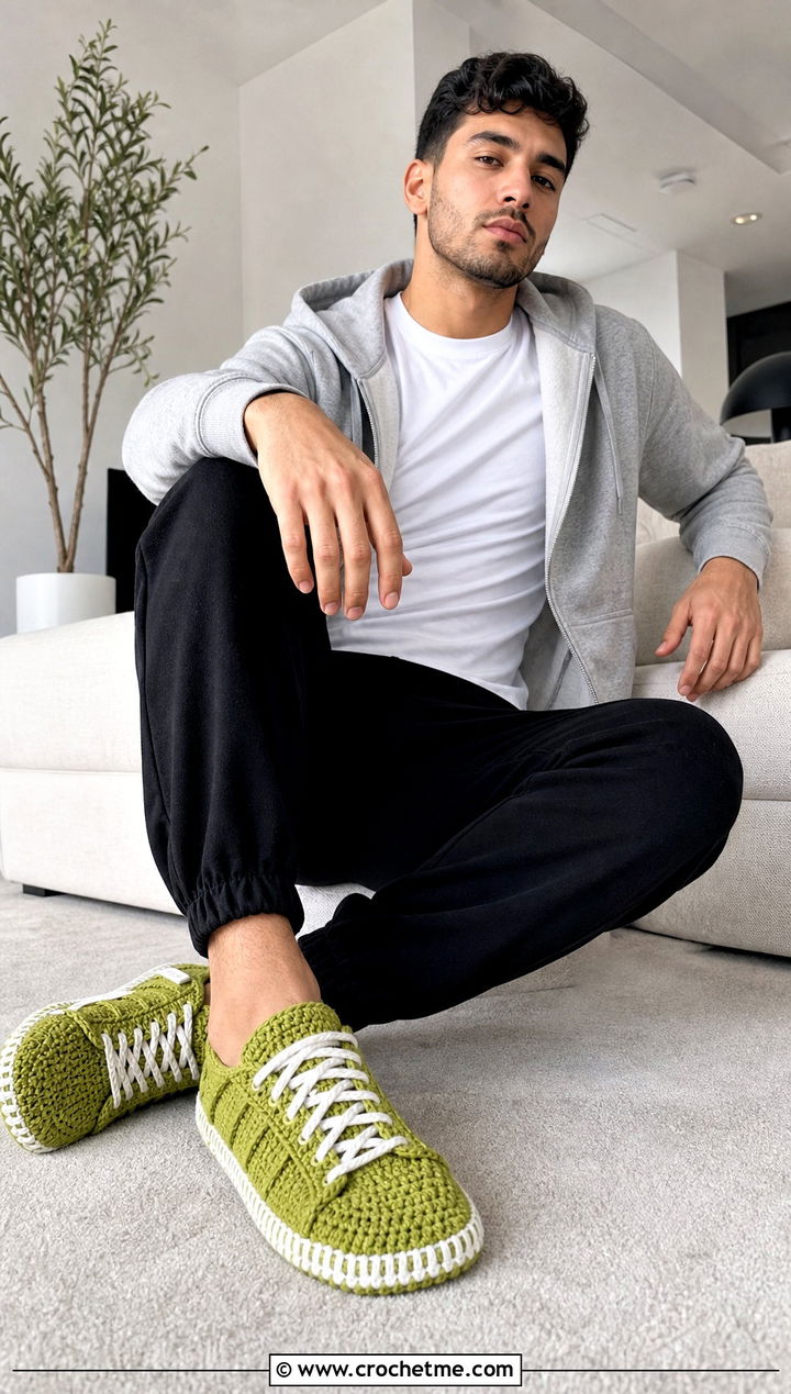 Sneaker Crochet Mens Slippers With Track Pants And Hoodie - 15 Easy Crochet Mens Slippers outfit ideas