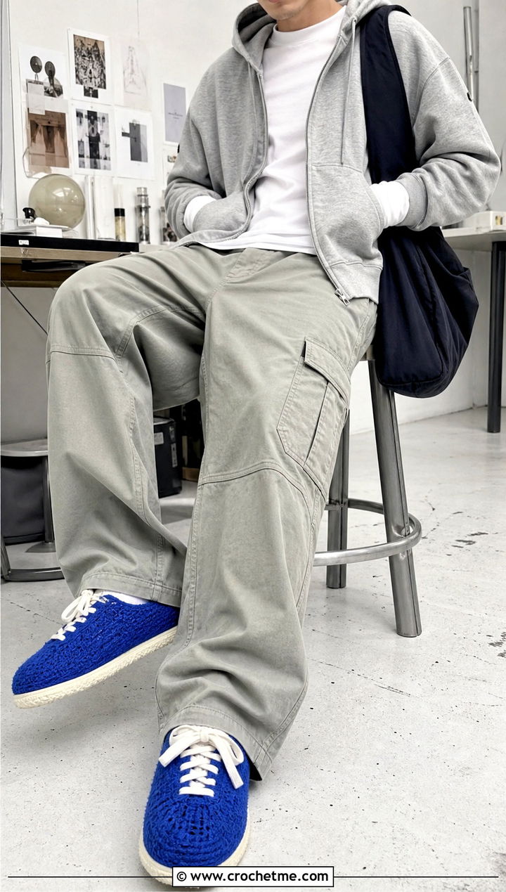Sneaker Crochet Slippers With Cargo Pants - 25 Cute Crochet Slippers outfit ideas