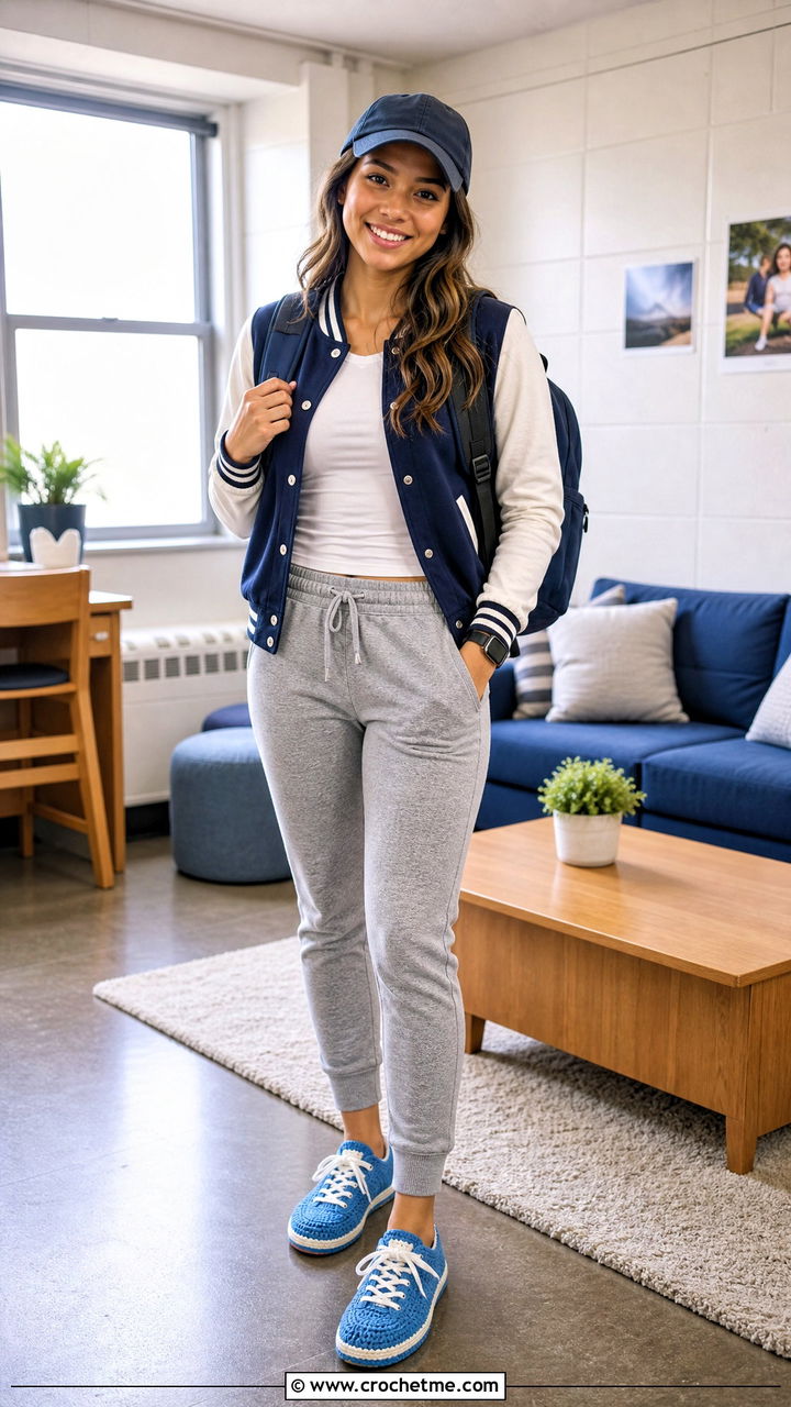 Sneaker Crochet Slippers With Joggers and a Varsity Jacket - 35 easy crochet slippers adult outfit ideas