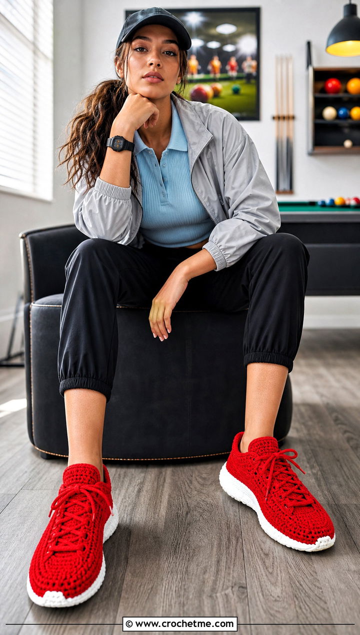 Sneaker Crochet Slippers With Track Pants And Polo Shirt - 25 Quick And Easy Crochet Slippers outfit ideas