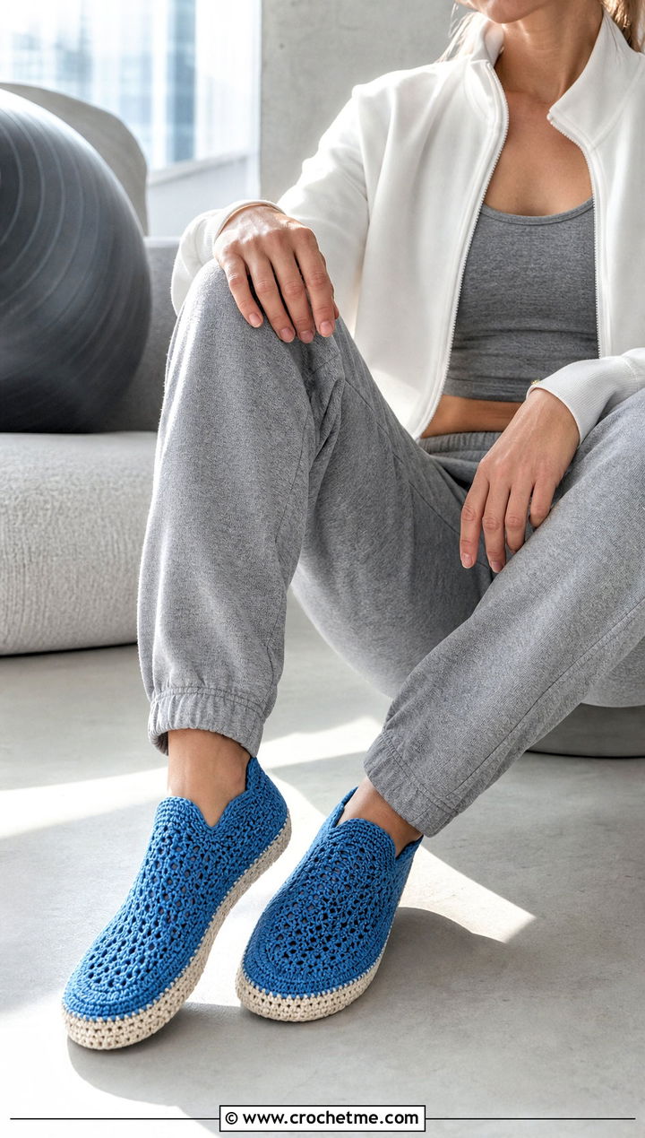 Sneaker Flat Crochet Socks With Track Jacket And Sweatpants - 25 flat crochet sock outfit ideas
