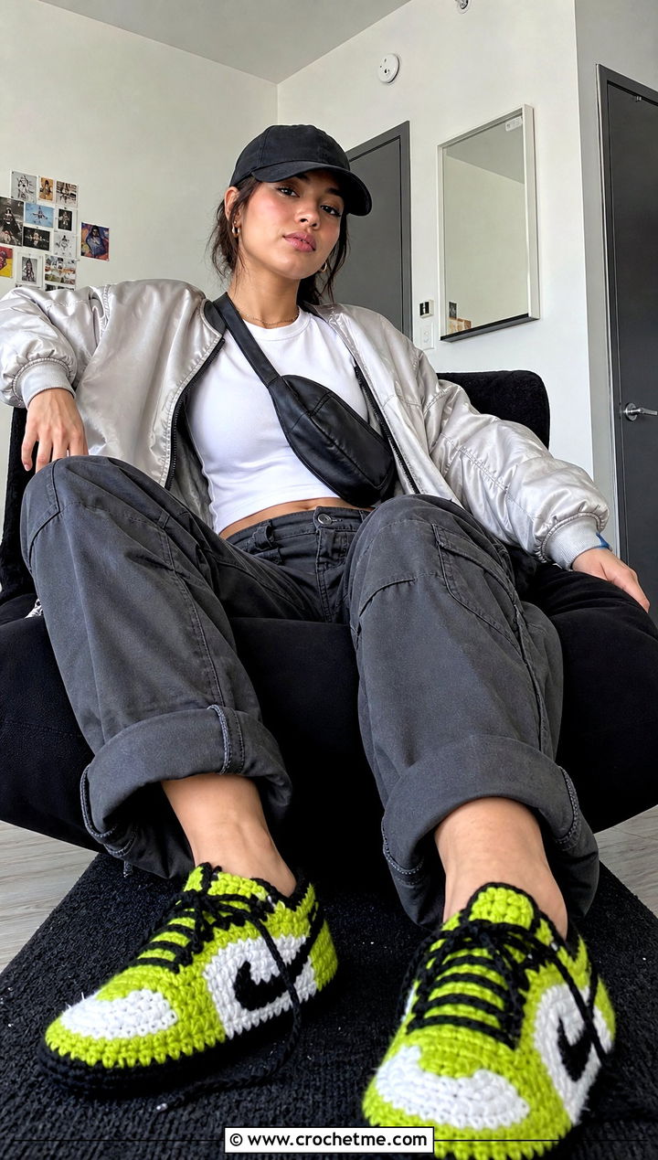 Sneaker Inspired Granny Square Slippers With Cargo Pants - 25 Crochet Granny Square Slippers outfit ideas