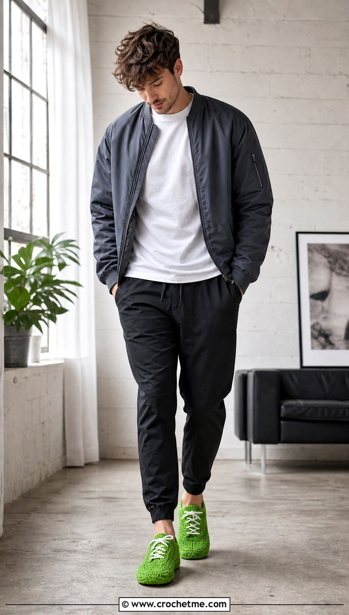 Sneaker Style Crochet Mens Slippers With Joggers and a Bomber Jacket - 30 crochet men's slippers outfit ideas