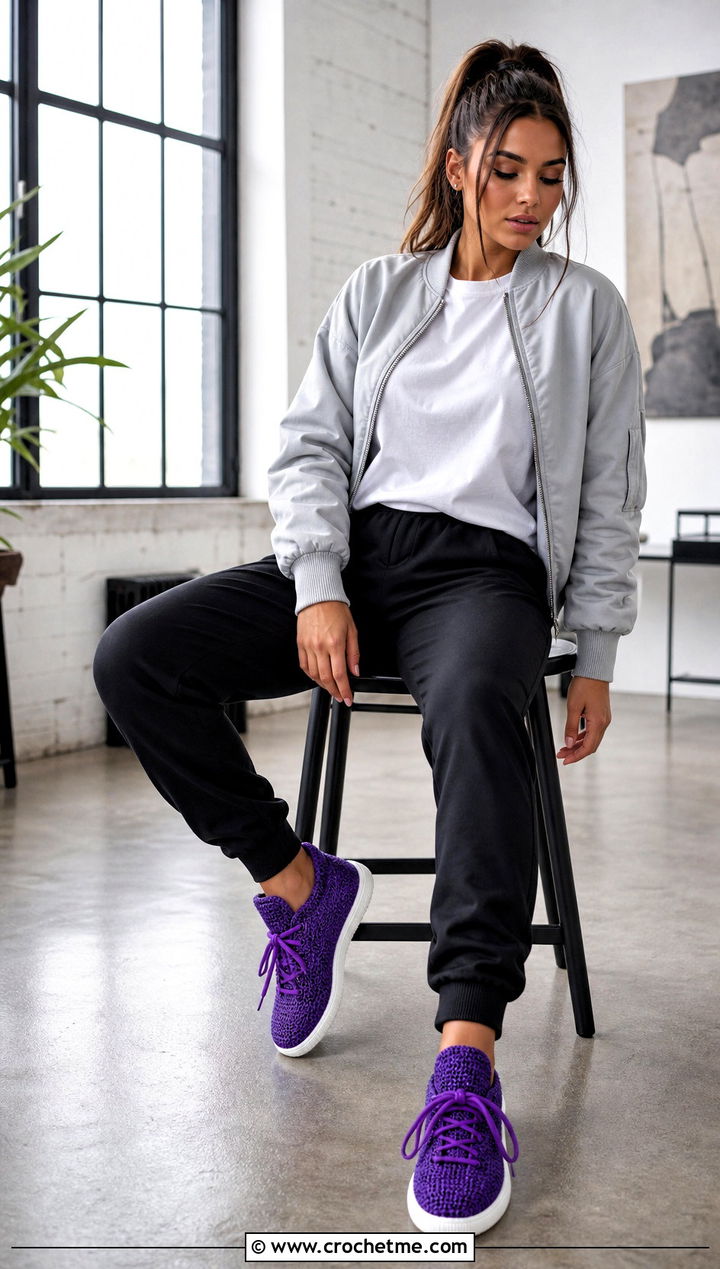 Sneaker Style Crochet Slippers With Track Pants - 25 simple crochet slippers outfit ideas