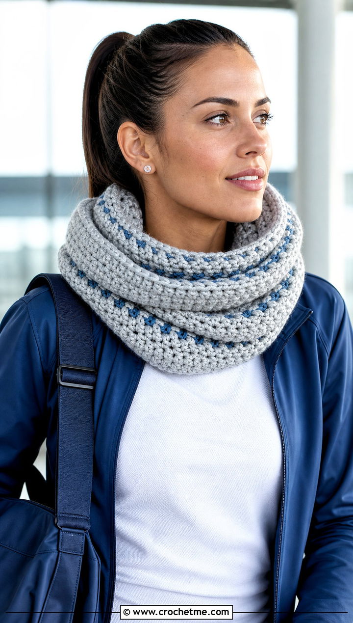 Snood Chunky Gray Crochet Scarf With Track Jacket And Joggers - 15 Chunky Gray Crochet Scarf outfit ideas
