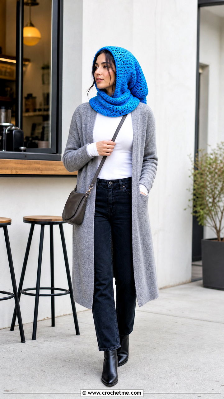 Snood Crochet Bonnet With Long Cardigan - 35 crochet bonnets outfit ideas